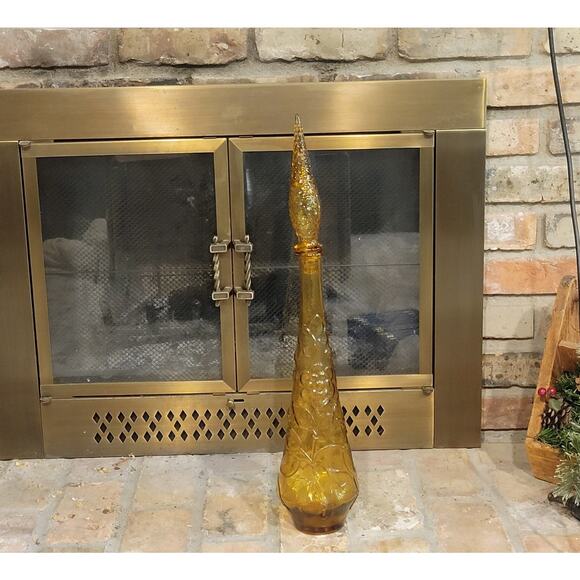 Vintage Amber Genie Bottle, Tall Decanter, Floral & Leaf Imprints